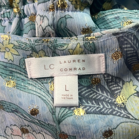 Lauren Conrad NWOT light blue and metallic gold floral pullover dress Size Large - Picture 2 of 9